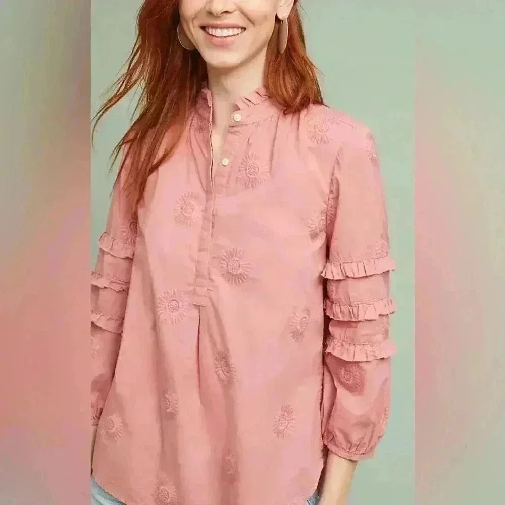 Isabella Sinclair Sunflower Embroidered Henley In Salmon Pink Size Medium